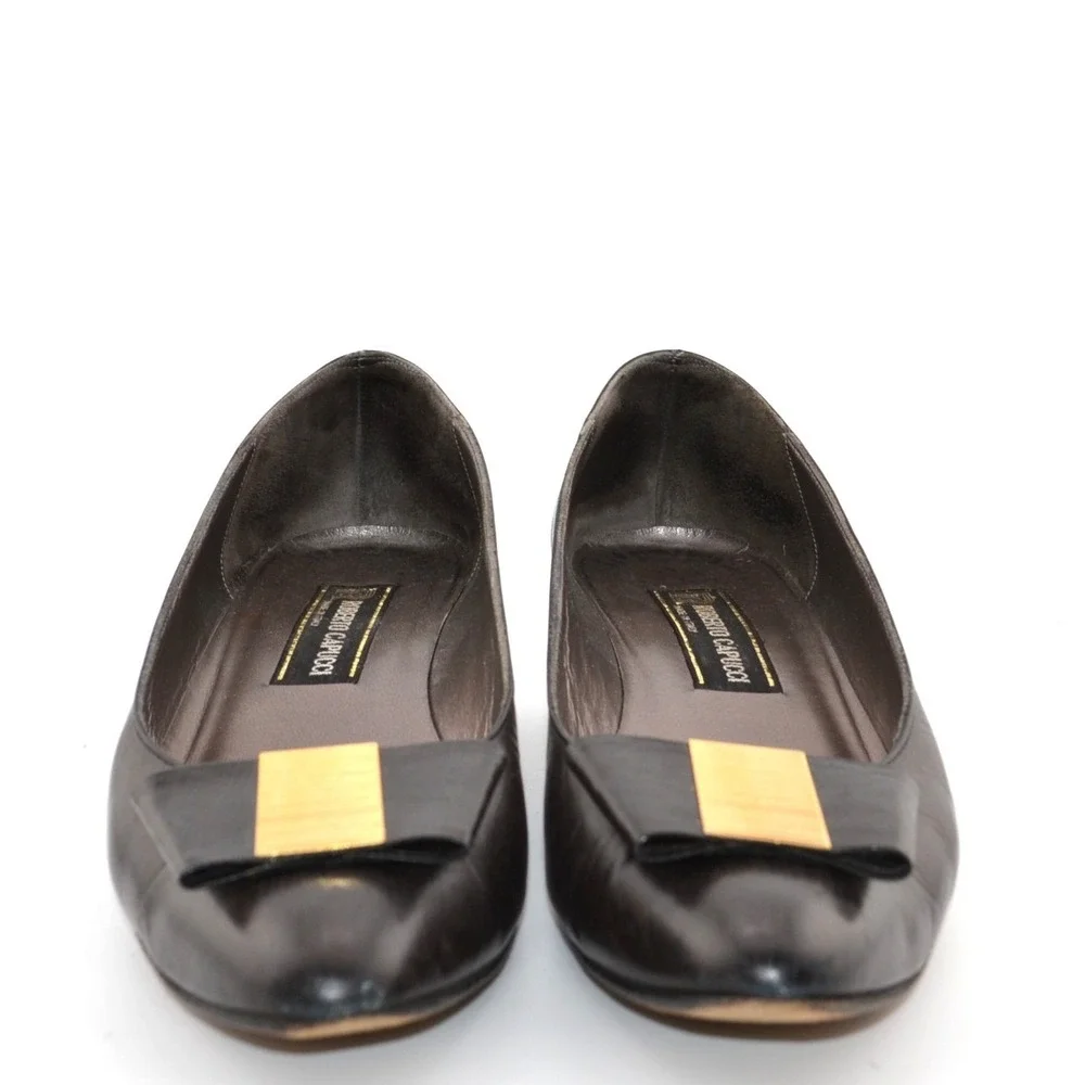 Roberto Capucci Kitten Heels Womens Black Excellent‎ Gold Trim Bow Pumps Womens